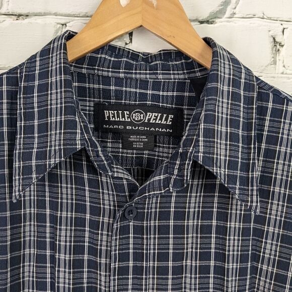 Vintage y2k pelle pelle short sleeve shirt black and blue checks Large - Picture 5 of 7